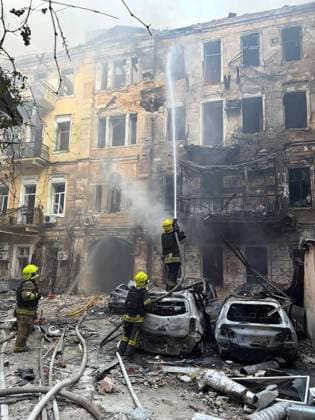 Twelve people injured in Russian combined attack on Odesa region, Ukraine ODESA, UKRAINE - AUGUST 09: (----EDITORIAL USE ONLY - MANDATORY CREDIT - ODESA REGIONAL MILITARY ADMINISTRATION HANDOUT - NO MARKETING NO ADVERTISING CAMPAIGNS - DISTRIBUTED AS A SERVICE TO CLIENTS----) Emergency crews work at the scene as a fire burns among damaged vehicles and residential buildings following a large-scale combined Russian missile and drone attack on Odesa, Ukraine, on August 9, 2026. Twelve residents sustained moderate injuries in the attack, which also damaged energy infrastructure and caused disruptions to the electricity supply. Odesa Regional Military Administration Handout Anadolu Odessa Ukraine. Editorial use only. Please get in touch  Copyright: x2026xAnadoluxOdesaxRegionalxMilitaryxAdministrationx xHandoutx
