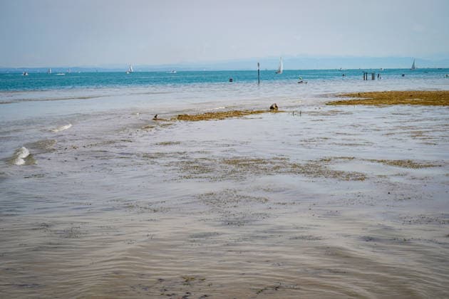 Bodensee bei Bottighofen (Kanton Thurgau), Schweiz: Weitläufige Flachwasserzone und freigelegte Kiesbänke infolge niedrigen Wasserstands am Bodensee. Totale, Niedrigwasser, Bodenseeufer, Kiesbank, Flachwasser, Trockenheit, Dürre, Klimawandel, Hitze, Wetterextreme, Umwelt, Natur, Wasserknappheit, Segelboote, Motorboote, Stand-up-Paddling, Badegäste, Wassersport, Freizeit, Sommer, Alpenpanorama, Schifffahrt, Schweiz, Symbolbild. *** Lake Constance near Bottighofen, Canton of Thurgau, Switzerland; Extensive shallow-water zone and exposed gravel banks due to low water levels in Lake Constance; Total, low water, Lake Constance shoreline, gravel bank, shallow water, drought, climate change, heat, extreme weather, environment, nature, wate Copyright: xJOERANxSTEINSIEKx