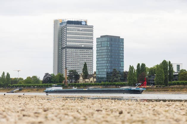 Niedrigwasser am Rhein: Trockenes Flussbett am Beueler Rheinufer in Bonn Niedrigwasser am Rhein: Blick auf das weitgehend trockene Flussbett am Beueler Rheinufer in Bonn bei einem Pegelstand von 78 cm am Pegel Bonn. Buchten und Inseln haben sich mitten im Rheinbett gebildet. Die anhaltende Trockenheit lässt den Rhein weiter sinken, die Binnenschifffahrt ist stark eingeschränkt. Im Hintergrund der DHL Post Tower, Langer Eugen mit dem Climate Tower (UN Campus) Bonn Beuel Nordrhein-Westfalen Deutschland *** Low Water on the Rhine: Dry riverbed on the Beuel bank of the Rhine in Bonn; Low Water on the Rhine: View of the largely dry riverbed on the Beuel bank of the Rhine in Bonn at a water level of 78 cm at the Bonn gauge; Inlets and islands h Copyright: xMarcxJohnx