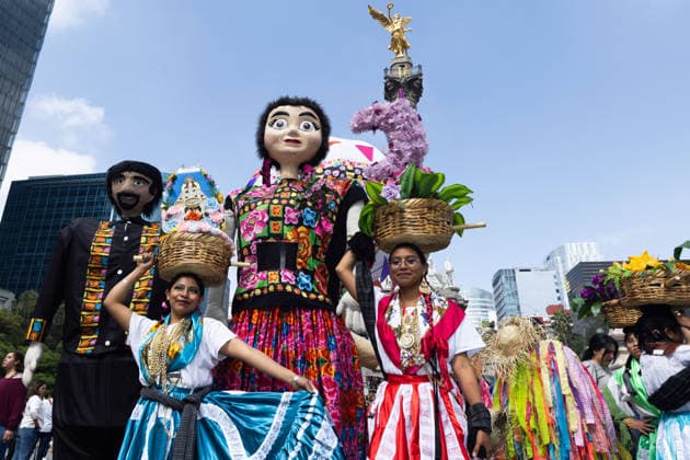 August 9, 2026, Mexico City, Mexico: The Mexico City government held the 17th Mega Calenda 2026, a cultural parade that traveled from the Angel of Independence along Paseo de la Reforma to the citys Zocalo, featuring participants in traditional clothing, dances and music, as part of International Indigenous Peoples Day and the 12th Festival of Indigenous Cultures, Indigenous Peoples and Native Neighborhoods of Mexico City. Mexico City Mexico  - ZUMAl178 20260809_znp_l178_003 Copyright: xCristianxLeyvax