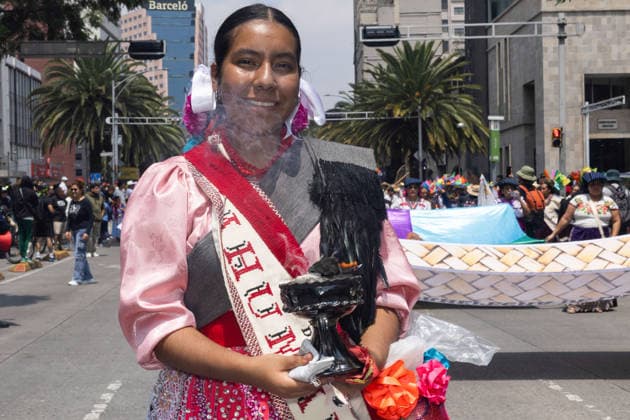 August 9, 2026, Mexico City, Mexico: The Mexico City government held the 17th Mega Calenda 2026, a cultural parade that traveled from the Angel of Independence along Paseo de la Reforma to the citys Zocalo, featuring participants in traditional clothing, dances and music, as part of International Indigenous Peoples Day and the 12th Festival of Indigenous Cultures, Indigenous Peoples and Native Neighborhoods of Mexico City. Mexico City Mexico  - ZUMAl178 20260809_znp_l178_008 Copyright: xCristianxLeyvax