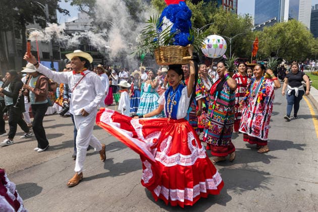 August 9, 2026, Mexico City, Mexico: The Mexico City government held the 17th Mega Calenda 2026, a cultural parade that traveled from the Angel of Independence along Paseo de la Reforma to the citys Zocalo, featuring participants in traditional clothing, dances and music, as part of International Indigenous Peoples Day and the 12th Festival of Indigenous Cultures, Indigenous Peoples and Native Neighborhoods of Mexico City. Mexico City Mexico  - ZUMAl178 20260809_znp_l178_010 Copyright: xCristianxLeyvax