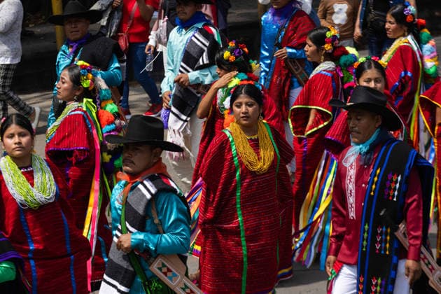 August 9, 2026, Mexico City, Mexico: The Mexico City government held the 17th Mega Calenda 2026, a cultural parade that traveled from the Angel of Independence along Paseo de la Reforma to the citys Zocalo, featuring participants in traditional clothing, dances and music, as part of International Indigenous Peoples Day and the 12th Festival of Indigenous Cultures, Indigenous Peoples and Native Neighborhoods of Mexico City. Mexico City Mexico  - ZUMAl178 20260809_znp_l178_021 Copyright: xCristianxLeyvax