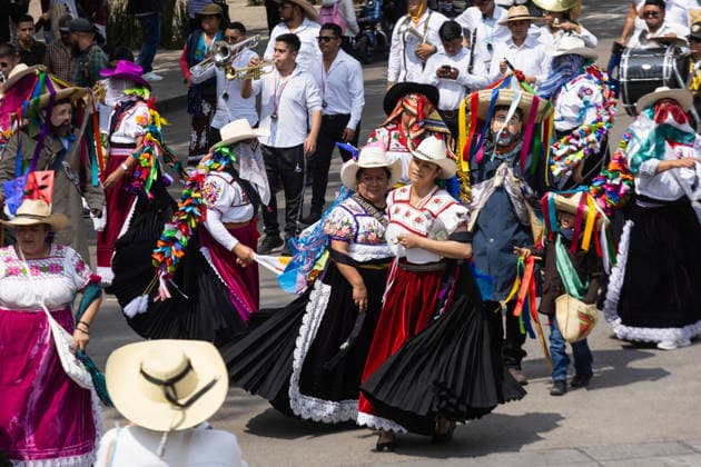 August 9, 2026, Mexico City, Mexico: The Mexico City government held the 17th Mega Calenda 2026, a cultural parade that traveled from the Angel of Independence along Paseo de la Reforma to the citys Zocalo, featuring participants in traditional clothing, dances and music, as part of International Indigenous Peoples Day and the 12th Festival of Indigenous Cultures, Indigenous Peoples and Native Neighborhoods of Mexico City. Mexico City Mexico  - ZUMAl178 20260809_znp_l178_026 Copyright: xCristianxLeyvax