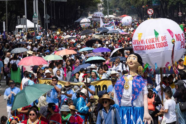 August 9, 2026, Mexico City, Mexico: The Mexico City government held the 17th Mega Calenda 2026, a cultural parade that traveled from the Angel of Independence along Paseo de la Reforma to the citys Zocalo, featuring participants in traditional clothing, dances and music, as part of International Indigenous Peoples Day and the 12th Festival of Indigenous Cultures, Indigenous Peoples and Native Neighborhoods of Mexico City. Mexico City Mexico - ZUMAl178 20260809_znp_l178_014 Copyright: xCristianxLeyvax