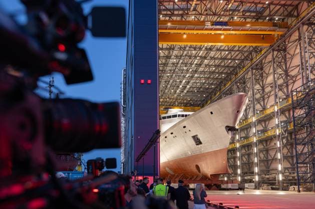 August 9, 2026, Gdynia, Poland: The Wicher frigate, the first of three vessels built under the Miecznik programme, is viewed by members of the media during its ceremonial rollout from the shipbuilding hall at PGZ Stocznia Wojenna in Gdynia. Gdynia Poland - ZUMAl194 20260809_zip_l194_001 Copyright: xMarekxLadzinskix