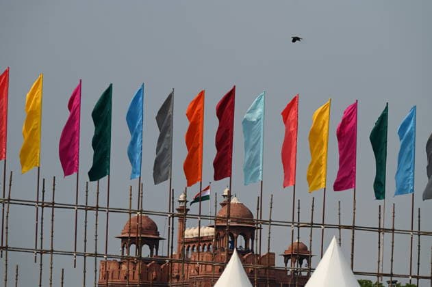 NEW DELHI, INDIA - AUGUST 9: View of scaffolding erected as preparations are underway for the 80th Independence Day celebrations at the historic Red Fort on August 9, 2026 in New Delhi, India. Labourers were seen erecting temporary spectator enclosures, media stands, and stage installations along the ramparts where Prime Minister Narendra Modi will unfurl the Tricolour and address the nation on August 15.(Photo by Ishant Chauhan Hindustan Times) Preparations At Red Fort For The 80th Independence Day Celebrations