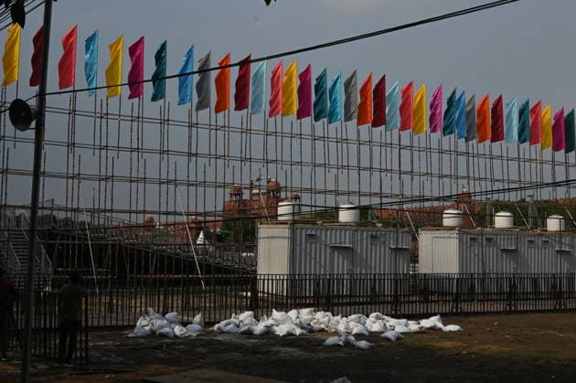 NEW DELHI, INDIA - AUGUST 9: View of scaffolding erected as preparations are underway for the 80th Independence Day celebrations at the historic Red Fort on August 9, 2026 in New Delhi, India. Labourers were seen erecting temporary spectator enclosures, media stands, and stage installations along the ramparts where Prime Minister Narendra Modi will unfurl the Tricolour and address the nation on August 15.(Photo by Ishant Chauhan Hindustan Times) Preparations At Red Fort For The 80th Independence Day Celebrations