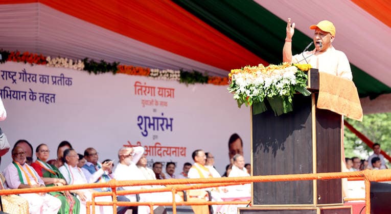 LUCKNOW, INDIA - AUGUST 9: Uttar Pradesh Chief Minister Yogi Adityanath addresses the gathering during Tiranga Yatra under the Har Ghar Tiranga campaign ahead of the 80th Independence Day on August 9, 2026 in Lucknow, India. (Photo by Deepak Gupta Hindustan Times) UP CM Yogi Adityanath Leads Tiranga Yatra Under Har Ghar Tiranga Campaign Ahead Independence Day