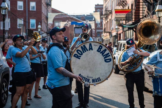 August 9, 2026, Boston, Massachusetts, USA: Bands play as patrons carry the image of the Madonna Della Cava during the Feast of the Madonna Della Cava in the North End of Boston, Massachusetts on August 9, 2026. Boston USA  - ZUMAp158 20260809_aap_p158_026 Copyright: xJosephxPreziosox