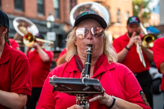 August 9, 2026, Boston, Massachusetts, USA: Bands play as patrons carry the image of the Madonna Della Cava during the Feast of the Madonna Della Cava in the North End of Boston, Massachusetts on August 9, 2026. Boston USA - ZUMAp158 20260809_aap_p158_024 Copyright: xJosephxPreziosox