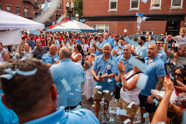August 9, 2026, Boston, Massachusetts, USA: Patrons celebrate in the street as the image of the saint is returned to its home during the Feast of the Madonna Della Cava in the North End of Boston, Massachusetts on August 9, 2026. Boston USA - ZUMAp158 20260809_aap_p158_029 Copyright: xJosephxPreziosox