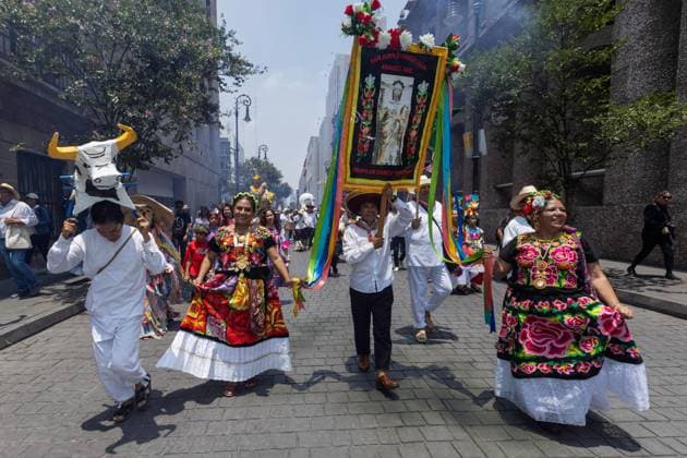 August 9, 2026, Mexico City, Mexico: MEXICO Mexico City, MEXICO Ã¢â‚¬ AUGUST 9, 2026: Participants wearing traditional clothing dance and march during the 17th Mega Calenda cultural parade from the Angel of Independence to the Zocalo in Mexico City, August 9, 2026. Organized by the Mexico City government, the event commemorates the International Day of the World s Indigenous Peoples and is part of the 12th Festival of Indigenous Cultures, Indigenous Peoples, and Native Neighborhoods of Mexico City. Mexico City Mexico - ZUMAq101 20260809_zna_q101_172 Copyright: xCristianxLeyvax