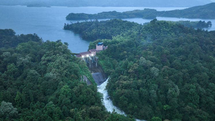 HUZHOU, CHINA - AUGUST 09: The Duihekou Reservoir opens its sluice gates to release floodwaters to brace for Typhoon Dolphin on August 9, 2026 in Deqing County, Huzhou City, Zhejiang Province of China. Typhoon Dolphin, the 13th typhoon of the year, made landfall at Yuhuan of Taizhou City, east China s Zhejiang Province, at around 5:30 p.m. on August 9.  Copyright: xVCGx 111658995576
