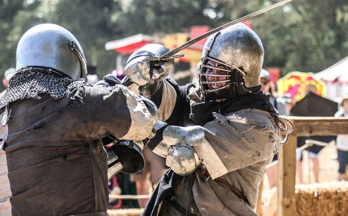 Kingdom of Loxwood medieval festival 09.08.2026. Members of the Full contact medieval armoured combat group Invicta take part in mass combat at the Kingdom of Loxwood medieval festival in west Sussex  Copyright: xRichardxPohlex NINTCHDBPICT001100253865