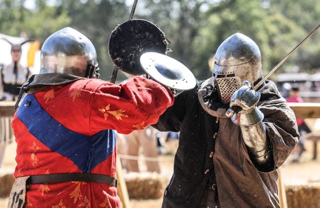 Kingdom of Loxwood medieval festival 09.08.2026. Members of the Full contact medieval armoured combat group Invicta take part in mass combat at the Kingdom of Loxwood medieval festival in west Sussex  Copyright: xRichardxPohlex NINTCHDBPICT001100253902