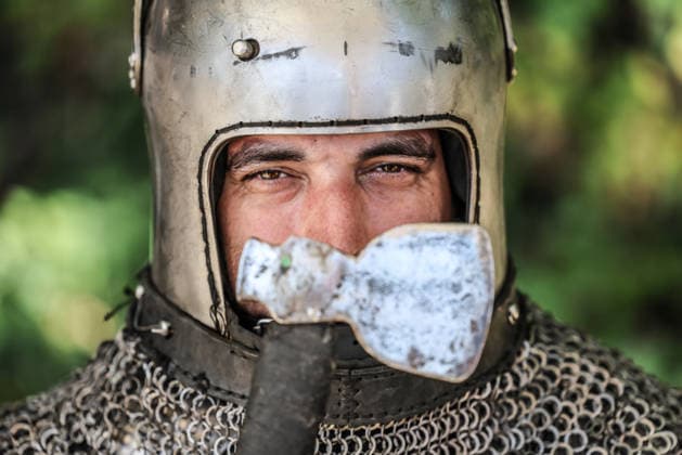 Kingdom of Loxwood medieval festival 09.08.2026. Members of the Full contact medieval armoured combat group Invicta take part in mass combat at the Kingdom of Loxwood medieval festival in west Sussex  Copyright: xRichardxPohlex NINTCHDBPICT001100253999