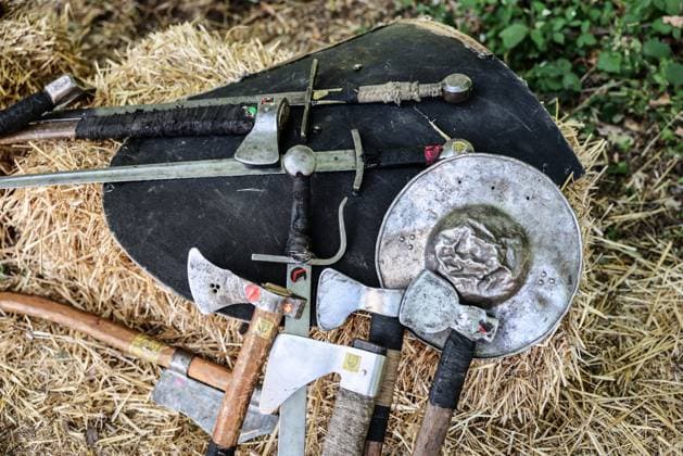 Kingdom of Loxwood medieval festival 09.08.2026. Members of the Full contact medieval armoured combat group Invicta take part in mass combat at the Kingdom of Loxwood medieval festival in west Sussex  Copyright: xRichardxPohlex NINTCHDBPICT001100253780