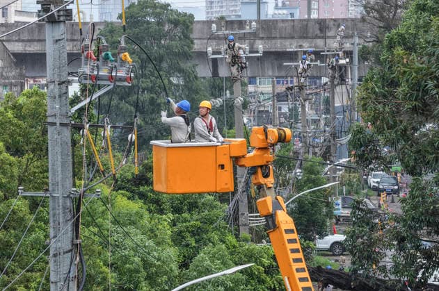 WENZHOU, CHINA - AUGUST 10: Power workers repair electricity lines damaged by fallen trees on August 10, 2026 in Wenzhou, Zhejiang Province of China. Strong winds up to level 15 (46.2 to 50.9 meters per second) have ripped through Yueqing City in east China s Zhejiang Province since Typhoon Dolphin made landfall in the region on Sunday, with hundreds of toppled trees and broken branches blocking roads across the city.  Copyright: xVCGx 111659124833