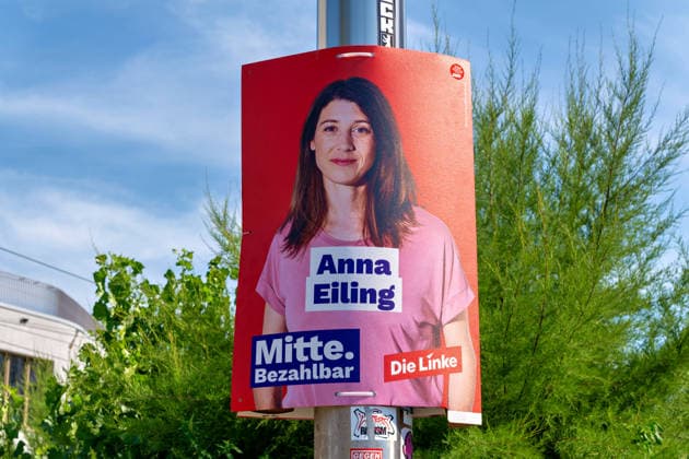 Berlin,09.08.2026,Wahlplakat der Partei die Linke Anna Eiling zur Wahl zum 20.Abgeordnetenhaus von Berlin sowie zu den Bezirksverordnetenversammlungen am 20.09.2026. *** Berlin, August 9, 2026—Election poster for Anna Eiling of the Left Party for the election to the 20th Berlin House of Representatives and the district councils on September 20, 2026