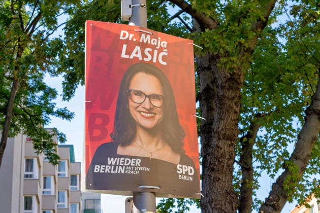 Berlin,09.08.2026,Wahlplakat der Partei SPD Maja Lasic zur Wahl zum 20.Abgeordnetenhaus von Berlin sowie zu den Bezirksverordnetenversammlungen am 20.09.2026. *** Berlin, August 9, 2026—Election poster for Maja Lasic of the SPD party for the election to the 20th Berlin House of Representatives and the district councils on September 20, 2026