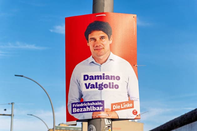 Berlin,09.08.2026,Wahlplakat der Partei Die Linke Damiano Valgolio zur Wahl zum 20.Abgeordnetenhaus von Berlin sowie zu den Bezirksverordnetenversammlungen am 20.09.2026. *** Berlin, August 9, 2026—Election poster for Damiano Valgolio of the Die Linke party for the election to the 20th Berlin House of Representatives and the district councils on September 20, 2026