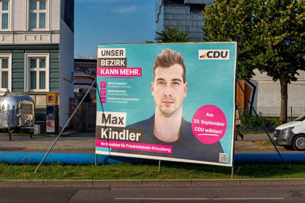 Berlin,09.08.2026,Wahlplakat der Partei CDU Max Kindler zur Wahl zum 20.Abgeordnetenhaus von Berlin sowie zu den Bezirksverordnetenversammlungen am 20.09.2026. *** Berlin, August 9, 2026—Election poster for CDU candidate Max Kindler for the election to the 20th Berlin House of Representatives and the district councils on September 20, 2026