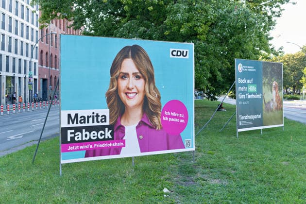 Berlin,09.08.2026,Wahlplakat der Partei CDU Mariat Fabeck zur Wahl zum 20.Abgeordnetenhaus von Berlin sowie zu den Bezirksverordnetenversammlungen am 20.09.2026. *** Berlin, August 9, 2026—Election poster for Mariat Fabeck of the CDU party for the election to the 20th Berlin House of Representatives and the district assemblies on September 20, 2026