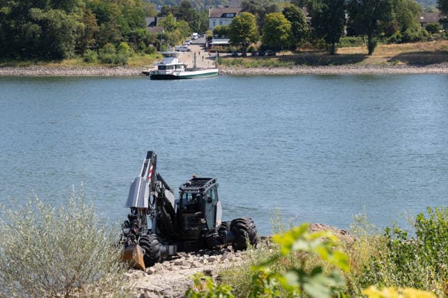 Historischer Negativ-Rekord: Rheinfähre Bad Honnef Rolandseck eingestellt - 10.08.2026 Historisches Niedrigwasser am Rhein: Der Pegel Oberwinter fällt auf einen Rekordwert von -1 cm, der Pegel Bonn liegt bei 74 cm. Die Rheinfähre Bad Honnef Rolandseck ist deswegen aktuell außer Betrieb, ein Bagger versucht, die Zufahrt vor dem Anleger Rolandseck freizuräumen. Remagen-Rolandseck Nordrhein-Westfalen Deutschland *** Historic Low: Bad Honnef-Rolandseck Rhine Ferry Suspended August 10, 2026 Historic Low Water Levels on the Rhine: The water level at Oberwinter drops to a record low of 1 cm, the water level at Bonn stands at 74 cm. As a result, the Bad Honnef–Rolandseck Rhine ferry is currently out of service; a dredger is attempting Copyright: xMarcxJohnx