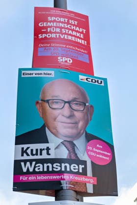 Berlin,10.08.2026,Wahlplakat der Partei SPD sowie CDU Kurt Wansner zur Wahl zum 20.Abgeordnetenhaus von Berlin sowie zu den Bezirksverordnetenversammlungen am 20.09.2026. *** Berlin, August 10, 2026—Election posters for the SPD and CDU, featuring Kurt Wansner, for the election to the 20th Berlin House of Representatives and the district councils on September 20, 2026