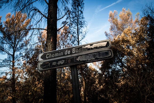 Aftermath of Wildfire in The Var - France The entrance signs to the Notre-Dame-de-Grace Shrine, damaged by the wildfire in Gros Bessillon, in Cotignac, France, on August 10, 2026. Photo by Laurent Coust ABACAPRESS.COM Cotignac France  Copyright: xCoustxLaurent ABACAx