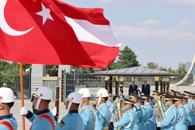 Turkish President Recep Tayyip Erdogan ANKARA, TURKIYE - AUGUST 10 : (----EDITORIAL USE ONLY - MANDATORY CREDIT - TURKISH PRESIDENCY MURAT CETINMUHURDAR HANDOUT - NO MARKETING NO ADVERTISING CAMPAIGNS - DISTRIBUTED AS A SERVICE TO CLIENTS----) Turkish President Recep Tayyip Erdogan welcomes Austrian Chancellor Christian Stocker with an official ceremony at the Presidential Complex in Ankara, Turkiye on August 10, 2026. TUR Presidency Murat Cetinmuhurdar Anadolu Ankara Turkey. Editorial use only. Please get in touch for any other usage.  Copyright: x2026xAnadoluxTURxPresidency MuratxCetinmuhurdarx