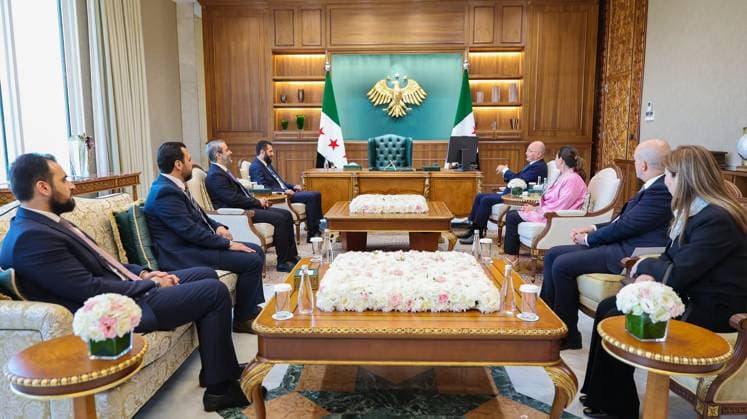 Syrian president receives UN refugee chief in Damascus Syrian President Ahmad al-Sharaa receives UN High Commissioner for Refugees Barham Salih and his accompanying delegation, in the presence of Foreign Affairs and Expatriates Minister Asaad al-Shaibani, at the People’s Palace in Damascus, Syria, on August 10, 2026. Photo by Syrian Presidency apaimages Syria Syria Syrian Arab Republic 100826_Syria_SPO_00(1) Copyright: xapaimagesxSyrianxPresidencyx xapaimagesx