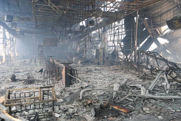 RUSSIA, DONETSK PEOPLE S REPUBLIC - AUGUST 10, 2026: A fire breaks out after a Ukrainian drone strike on the Galaktika Galaxy shopping centre in Makeyevka, east of Donetsk. Dmitry Yagodkin TASS  95999090