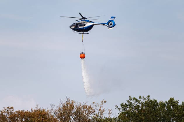 Feuerwehr kämpft bei Buschhoven gegen Flächenbrand am Waldrand Bei Buschhoven (Gemeinde Swisttal) breitet sich ein Flächenbrand aus: Ein zunächst brennendes Feld hat sich durch starken Wind auf angrenzenden Wald ausgeweitet, mehr als 10.000 Quadratmeter sind betroffen. Rund 150 Einsatzkräfte der Feuerwehr aus Swisttal, Alfter, Rheinbach und Weilerswist kämpfen gegen die Flammen, ein Polizeihubschrauber unterstützt die Löscharbeiten aus der Luft. Swisttal Buschhoven Nordrhein-Westfalen Deutschland *** Firefighters Battle Wildfire at the Edge of the Forest Near Buschhoven A wildfire is spreading near Buschhoven in the municipality of Swisttal. What began as a field fire has spread to the adjacent forest due to strong winds; more than Copyright: xMarcxJohnx