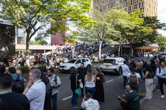 August 10, 2026, Medellin, Antioquia, Colombia: People gather outside buildings and streets in medellin after a 7,4 Earthquake that struck Colombia on August 10, 2026. Medellin Colombia  - ZUMAvp1_ 20260810_zia_vp1_031 Copyright: xJuanxJosexPatinox