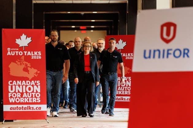 August 10, 2026, Toronto, On, Canada: Lana Payne, Unifor National President, centre, walks alongside Unifor and GM Canada members as Unifor open negotiations with General Motors in Toronto, on Monday, Aug. 10, 2026. Toronto Canada  - ZUMAc35_ 20260810_zaf_c35_010 Copyright: xKeitoxNewmanx