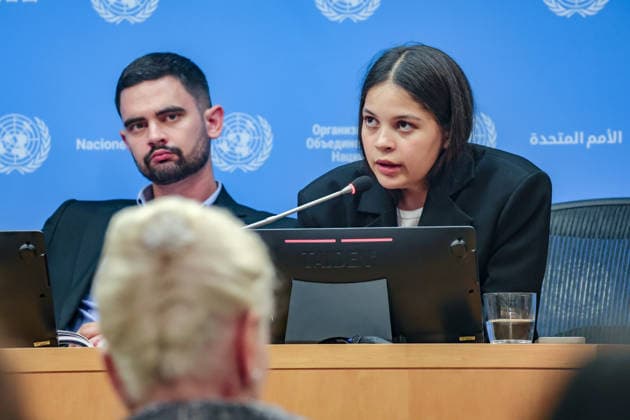 August 10, 2026, New York, New York, United States: L-R: KHUAN LEYVA GARSIYA, former Ukrainian prisoner of war and defender of MariupolÃ¢â‚¬â ¢s Azovstal steelworks, listens as LENIIE UMEROVA, a Ukrainian Crimean Tatar and former civilian detainee, speaks during a press briefing following a closed UN Security Council Arria-formula meeting at UNHQ. Both shared their experiences of detention by Russian authorities, highlighting the treatment of Ukrainian prisoners of war and civilian detainees, alleged violations of international humanitarian law, and the need for accountability. New York United States - ZUMAo116 20260810_znp_o116_048 Copyright: xBiancaxOterox