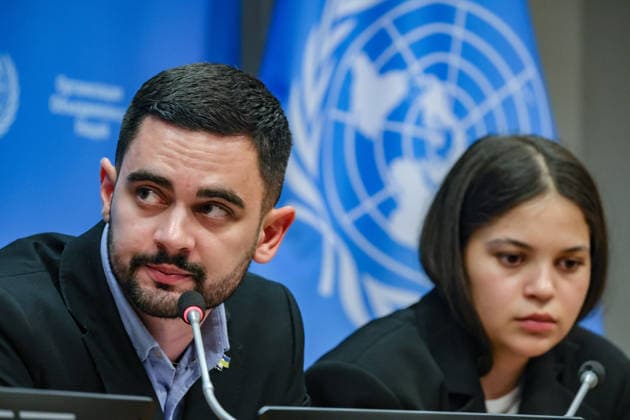 August 10, 2026, New York, New York, United States: L-R: KHUAN LEYVA GARSIYA, former Ukrainian prisoner of war and defender of MariupolÃ¢â‚¬â ¢s Azovstal steelworks, looks off camera after speaking as LENIIE UMEROVA, a Ukrainian Crimean Tatar and former civilian detainee, reflects during a press briefing following a closed UN Security Council Arria-formula meeting at UNHQ. Both shared their experiences of detention by Russian authorities, highlighting the treatment of Ukrainian prisoners of war and civilian detainees, alleged violations of international humanitarian law, and the need for accountability. New York United States - ZUMAo116 20260810_znp_o116_061 Copyright: xBiancaxOterox
