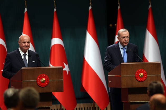 (260811) -- ANKARA, Aug. 11, 2026 -- Turkish President Recep Tayyip Erdogan (R) holds a joint press conference with visiting Austrian Chancellor Christian Stocker in Ankara, T¨¹rkiye, on Aug.10, 2026. Turkish President Recep Tayyip Erdogan and visiting Austrian Chancellor Christian Stocker highlighted great potential in bilateral cooperation during a live-streamed joint press conference here on Monday. ( Handout via Xinhua) T?RKIYE-ANKARA-ERDOGAN-AUSTRIAN CHANCELLOR-PRESS CONFERENCE MustafaxKaya 