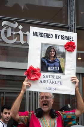 August 10, 2026, New York, New York, USA: The New York Times became the center of protest for the Palestinian Youth Movement today where they held a protest to commemorate the anniversary of the death of Anas al-Sharif, a Gazan journalist killed in the Israeli-Palestine war. Acussing the newspaper of being complicit in the killings of Gazan journalists. New York USA - ZUMAa251 20260810_znp_a251_003 Copyright: xDianaxApfelbacherx