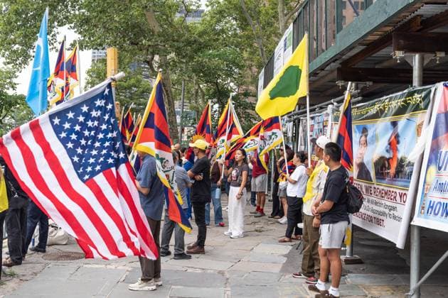 August 10, 2026, New York, New York, USA: Activists continue protesting against treatment by Chinese authorities of Tibetan people by suppressing freedom of religion, language, culture and prosecuting those who dear to speak out. Protest is going on across of UN Headquarters in New York, NY as seen on August 10, 2026 where Lobga Rangzen aka Lobsang Palden, 52, Tibetan activist from New York died after self-immolating on July 2, 2026 and memorial for him is set. His protest came one day after China s Ethnic Unity and Progress Law took effect in what Mandarin language declared as single state-defined banning Tibetan and Uyghur languages being taught in schools. New York USA  - ZUMAr339 20260810_znp_r339_033 Copyright: xLevxRadinx