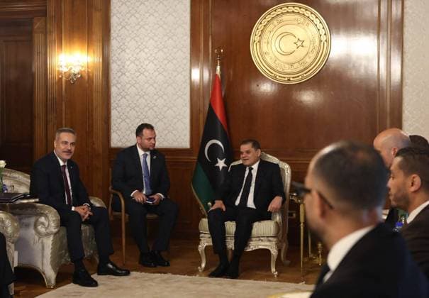 Turkish Foreign Minister Hakan Fidan in Tripoli TRIPOLI, LIBYA - AUGUST 11: (----EDITORIAL USE ONLY - MANDATORY CREDIT - TURKISH FOREIGN MINISTRY HANDOUT - NO MARKETING NO ADVERTISING CAMPAIGNS - DISTRIBUTED AS A SERVICE TO CLIENTS----) Turkish Foreign Minister Hakan Fidan meets with Prime Minister of the Libyan Government of National Unity Abdul Hamid Dbeibeh in Tripoli, Libya on August 11, 2026. Disisleri Bakanligi Anadolu Tripoli Libya. Editorial use only. Please get in touch for any other usage.  Copyright: x2026xAnadoluxDÄ±ÅüiÅülerixBakanlÄ±ÄüÄ±x