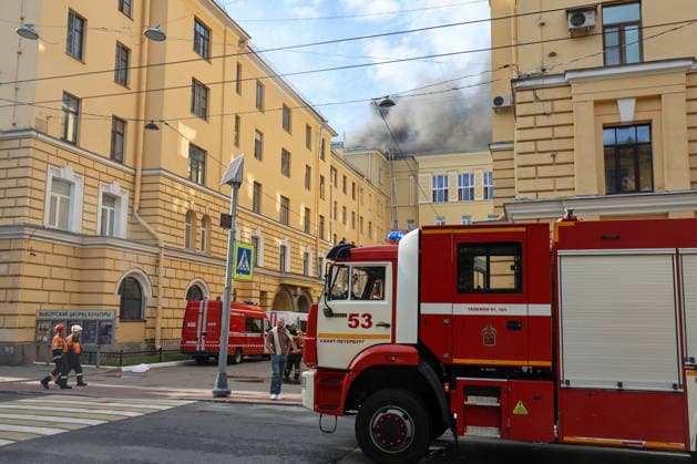 RUSSIA, ST PETERSBURG - AUGUST 11, 2026: Emergency units respond to a roof fire at the Vyborgsky Palace of Culture. Valentin Yegorshin TASS  96035845