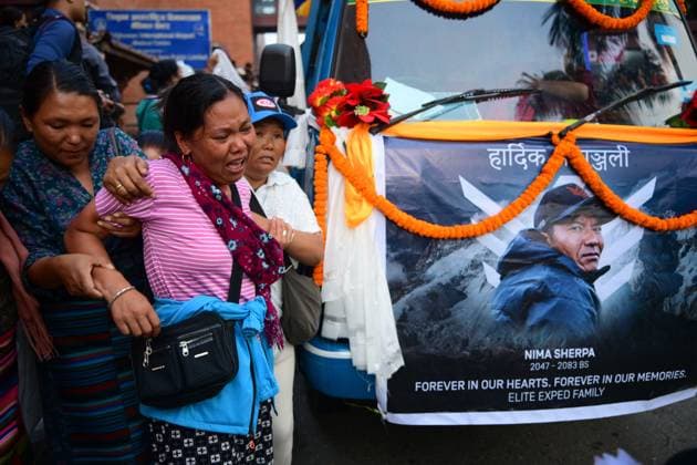 August 11, 2026, Kathmandu, Nepal: KATHMANDU, NEPAL Ã¢â‚¬ AUGUST 11, 2026: Relatives mourn at Tribhuvan International Airport as the remains of Nepali mountaineers Kilu Pemba Sherpa, Nima Sherpa and Gyalu Sherpa arrive in Kathmandu after being repatriated from Pakistan following the Broad Peak avalanche tragedy. The three climbers were among 10 members of an international expedition killed by an avalanche while ascending toward Camp 3 on Broad Peak, an 8,047-meter mountain in Pakistan s Karakoram Range. The tragedy also claimed the lives of renowned British-Nepali mountaineer Nirmal Nims Purja and climbers from China, Oman, the United States and Pakistan. Kathmandu Nepal  - ZUMAq101 20260811_zna_q101_111 Copyright: xSafalxPrakashxShresthax