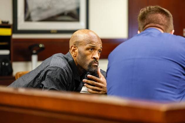 August 11, 2026, Tampa, Florida, USA: Defendant Joseph Killins consults with defense attorney Jonathan Hackworth before the start of his trial inside courtroom 51a of the Hillsborough Courthouse Annex on Tuesday, Aug. 11, 2026, in Tampa. Tampa USA  - ZUMAs70_ 20260811_zan_s70_004 Copyright: xJeffereexWoox