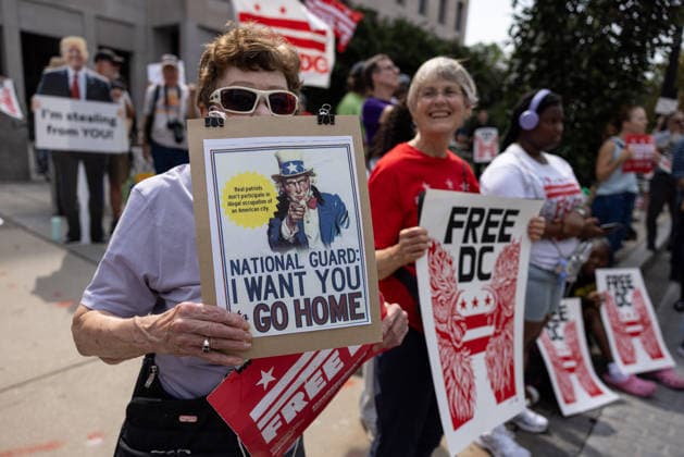 Demonstrators rally in Washington DC on anniversary of National Guard deployment WASHINGTON, D.C., UNITED STATES – AUGUST 11: Demonstrators rally during a Free DC protest in Washington, D.C., on August 11, 2026, marking one year since U.S. President Donald Trump deployed members of the National Guard into the city. Mehmet Eser Anadolu Washington United States. Editorial use only. Please get in touch for any other usage.  Copyright: x2026xAnadoluxMehmetxEserx