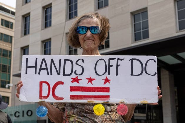 Demonstrators rally in Washington DC on anniversary of National Guard deployment WASHINGTON, D.C., UNITED STATES – AUGUST 11: Demonstrators rally during a Free DC protest in Washington, D.C., on August 11, 2026, marking one year since U.S. President Donald Trump deployed members of the National Guard into the city. Mehmet Eser Anadolu Washington United States. Editorial use only. Please get in touch for any other usage.  Copyright: x2026xAnadoluxMehmetxEserx