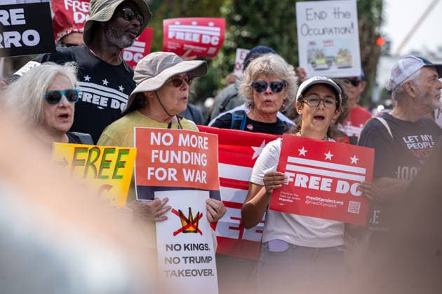 Demonstrators rally in Washington DC on anniversary of National Guard deployment WASHINGTON, D.C., UNITED STATES – AUGUST 11: Demonstrators rally during a Free DC protest in Washington, D.C., on August 11, 2026, marking one year since U.S. President Donald Trump deployed members of the National Guard into the city. Mehmet Eser Anadolu Washington United States. Editorial use only. Please get in touch for any other usage.  Copyright: x2026xAnadoluxMehmetxEserx