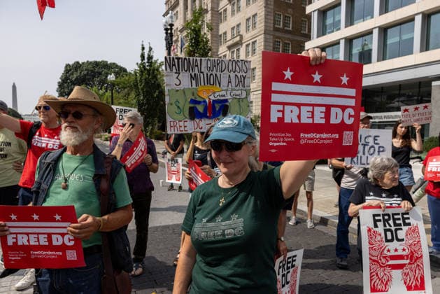 Demonstrators rally in Washington DC on anniversary of National Guard deployment WASHINGTON, D.C., UNITED STATES – AUGUST 11: Demonstrators rally during a Free DC protest in Washington, D.C., on August 11, 2026, marking one year since U.S. President Donald Trump deployed members of the National Guard into the city. Mehmet Eser Anadolu Washington United States. Editorial use only. Please get in touch for any other usage.  Copyright: x2026xAnadoluxMehmetxEserx